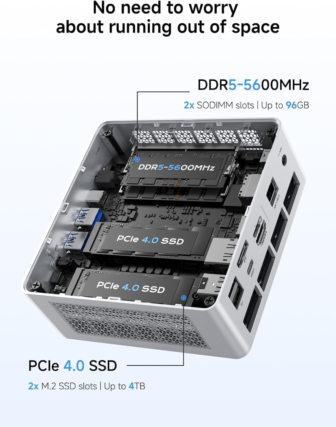 MINISFORUM UM880 Plus Mini PC, AMD Ryzen 7 8845HS (8C/16T, hasta 5,1 GHz), 32 GB DDR5 RAM, SSD PCIe de 512 GB, gráficos Radeon 780M, OCuLink, Triple Pantalla hasta 8K@60Hz, 5× USB, WiFi 6E — view 5