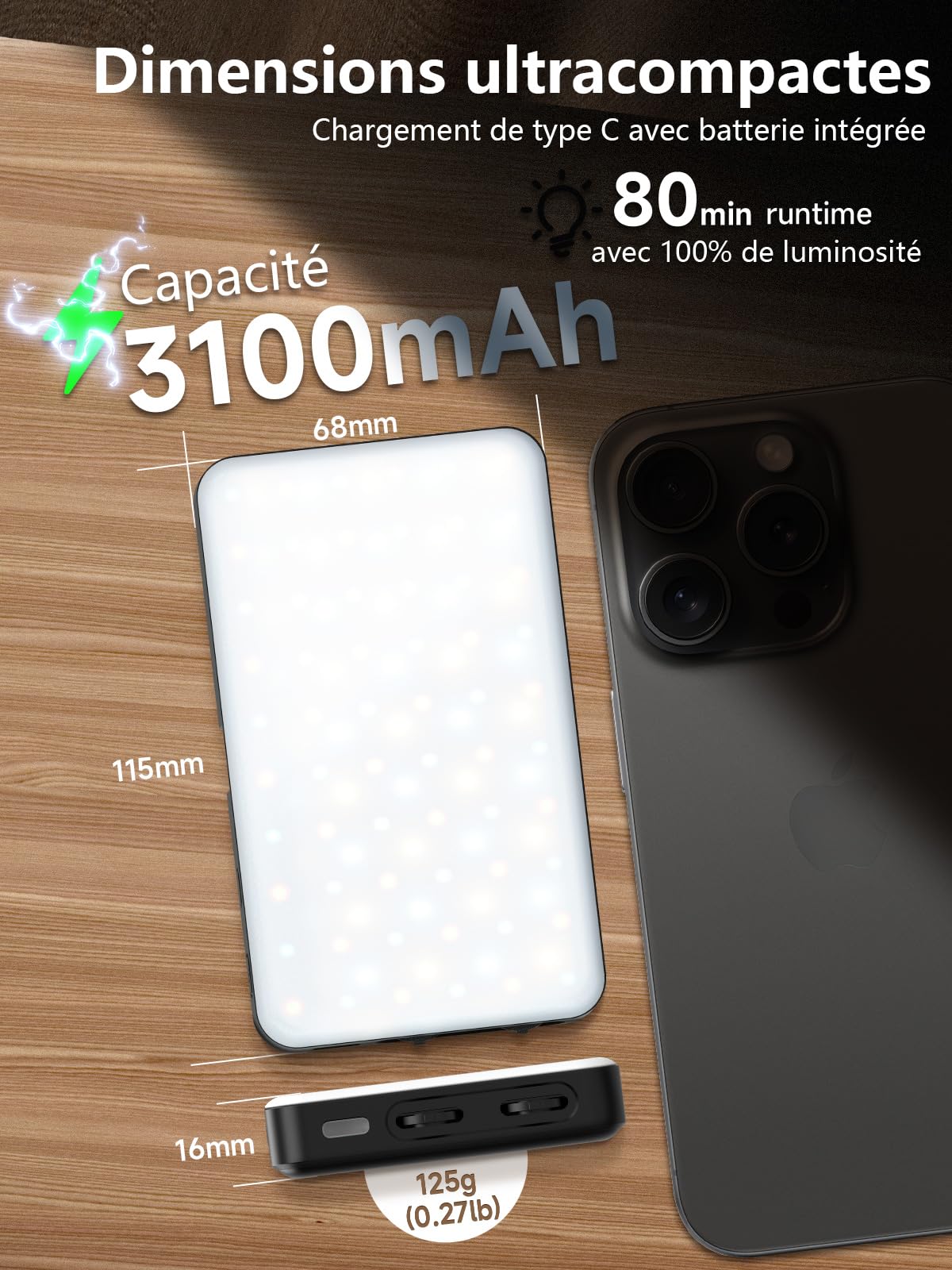Lumiere Video, Moman PC8 RGB Panneau LED Apparreil Photo Portable 125g avec Batterie Rechargeable pour Photographie Streaming en Direct Enregistrement Youtube, Eclairage-Camera-Panneau-Lampe-Photo