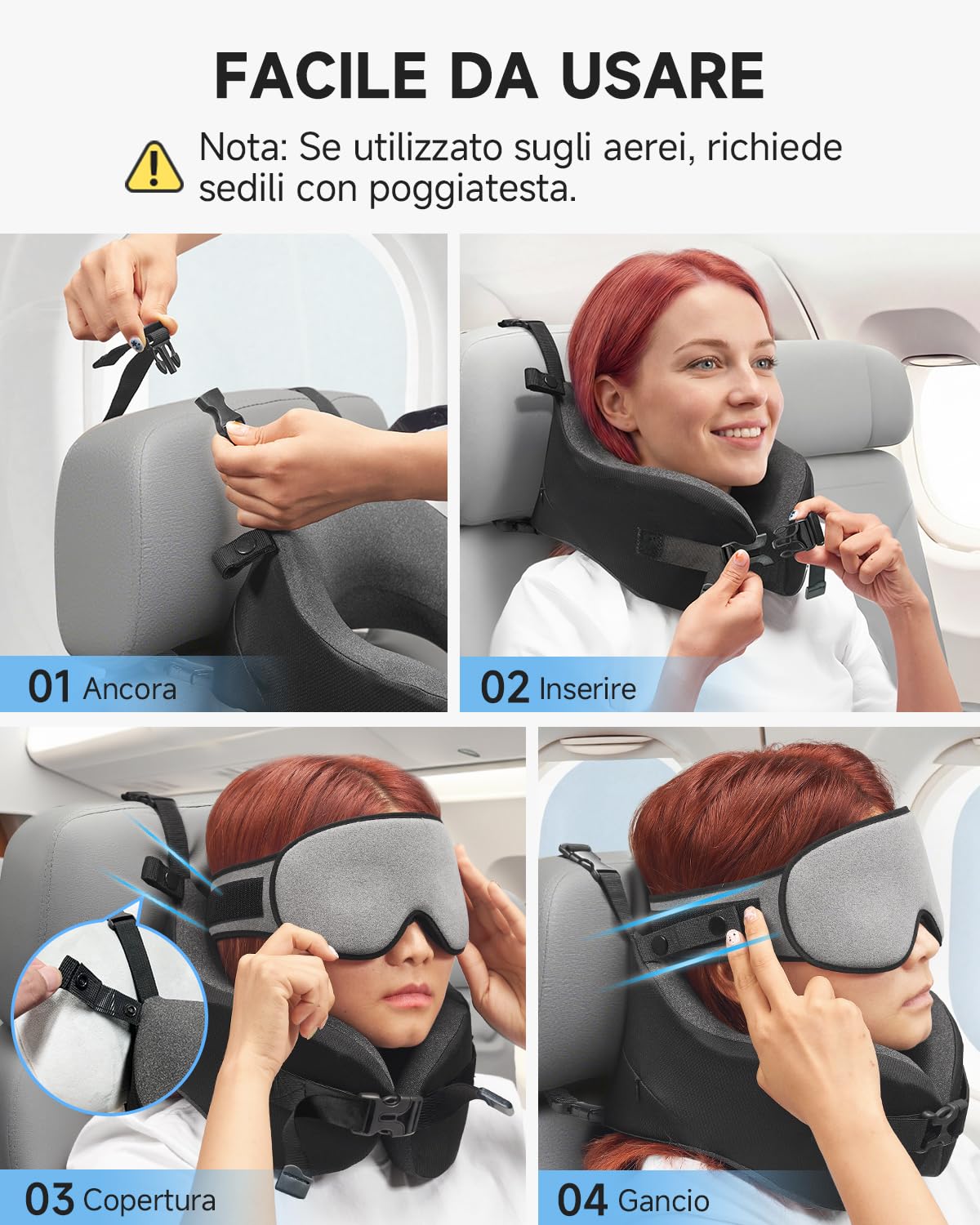 Umisleep Cuscino da Viaggio Memory Foam, Cuscino Cervicale per Aereo con Supporto 360°, con Maschera Occhi 3D, Cuscino da viaggio anticaduta testa per aereo, Ideale per Voli Lunghi, Grigio