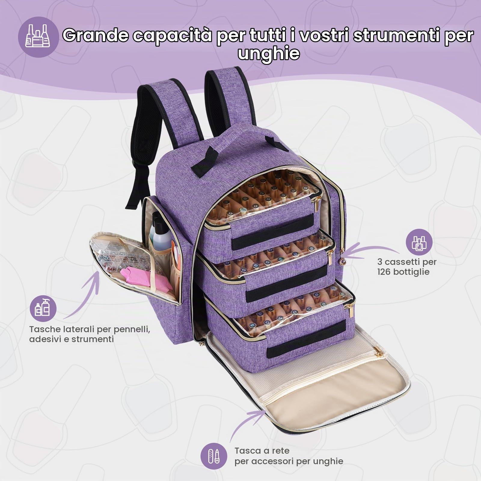 Hautton Organizzatore Smalti Che Contiene 126 Bottiglie, Borsa Di Stoccaggio Extra Large Con 3 Cassetti Per Forniture Lampada Smalto, Custodia Da Viaggio Professionale E Resistente Per Manicure-Viola