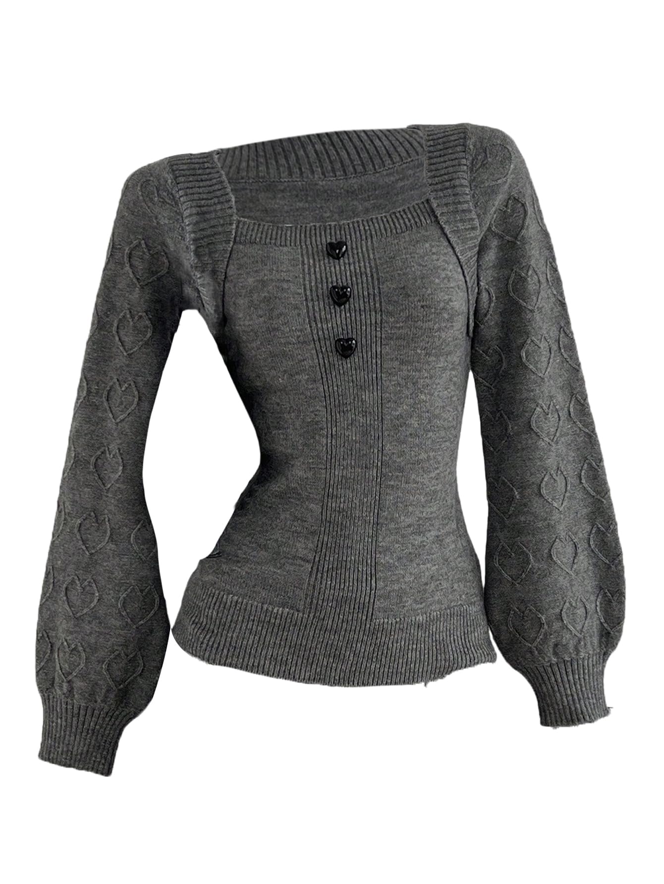 Milumia Womens Cute Heart Button Sweater Square Neck Long Sleeve Fitted Knitted Tops