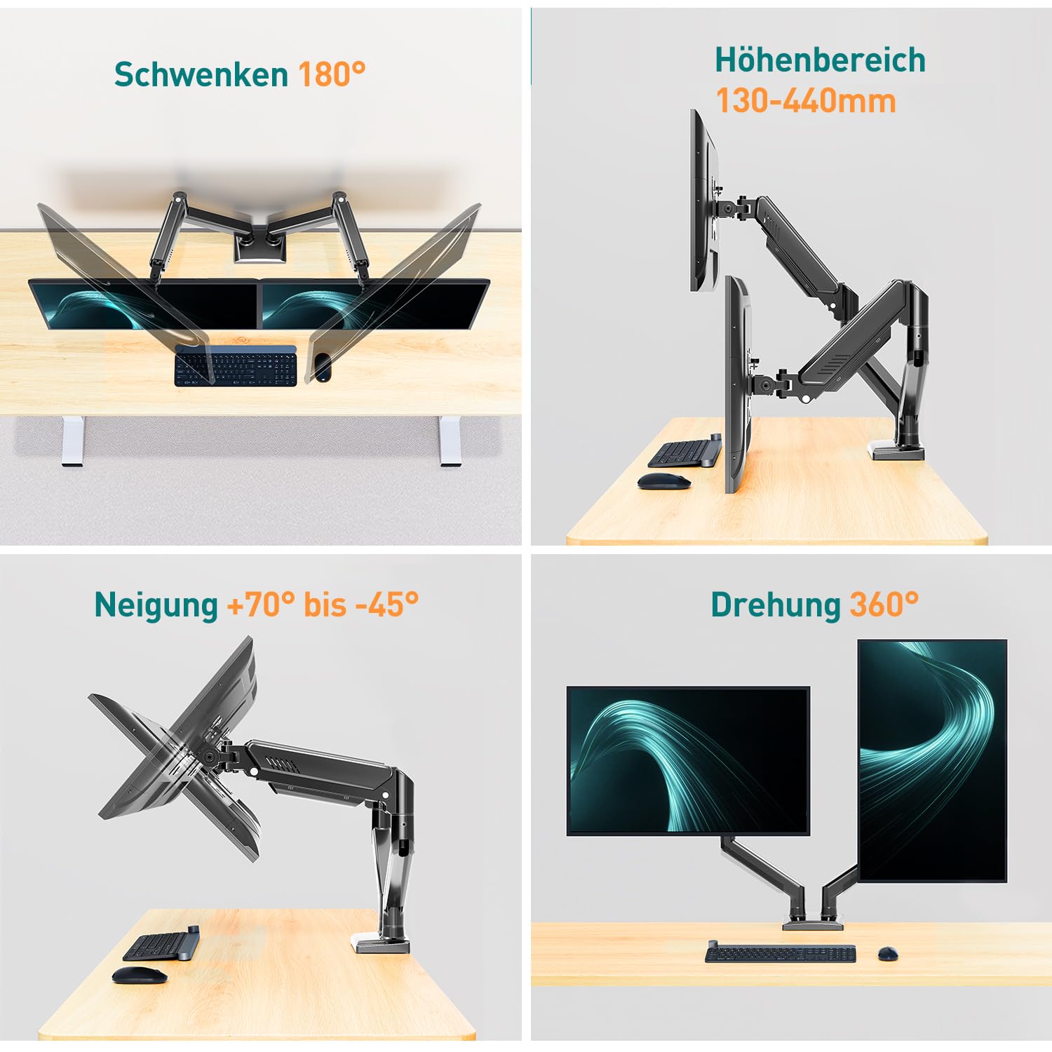ELIVED Monitor Halterung 2 Monitore für 13-32 Zoll Bildschirme 10kg/Arm | Gasdruckfeder 2 Monitorhalterung schwenkbar 180°, Drehbar 360°, Höhenverstellbar Monitor Arm EV005