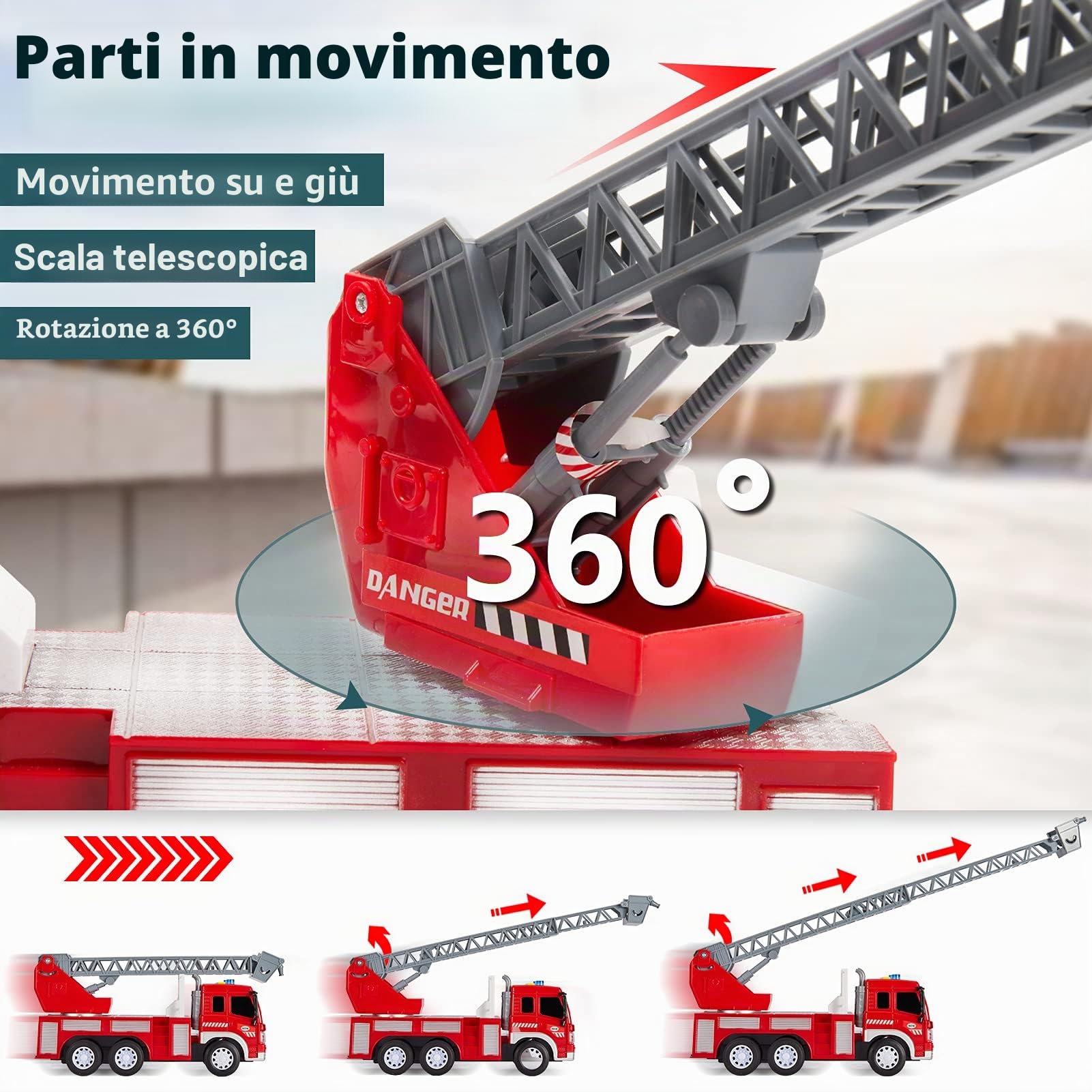 HERSITY Camion Pompieri Giocattolo Grande, Giochi Vigili del Fuoco con Luci e Suoni, Scala Retrattile, 1/16 Camioncino con Macchinine per Bambini Maschio 3 4 5 Anni