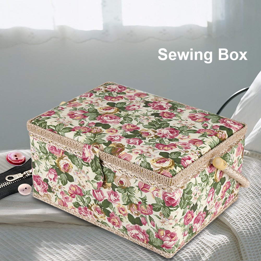 Costurero Dioche con flores de rosa, cesta de costura con estampado y mango ergonómico para organizador del hogar, 30,5 x 23,1 x 15,5 cm