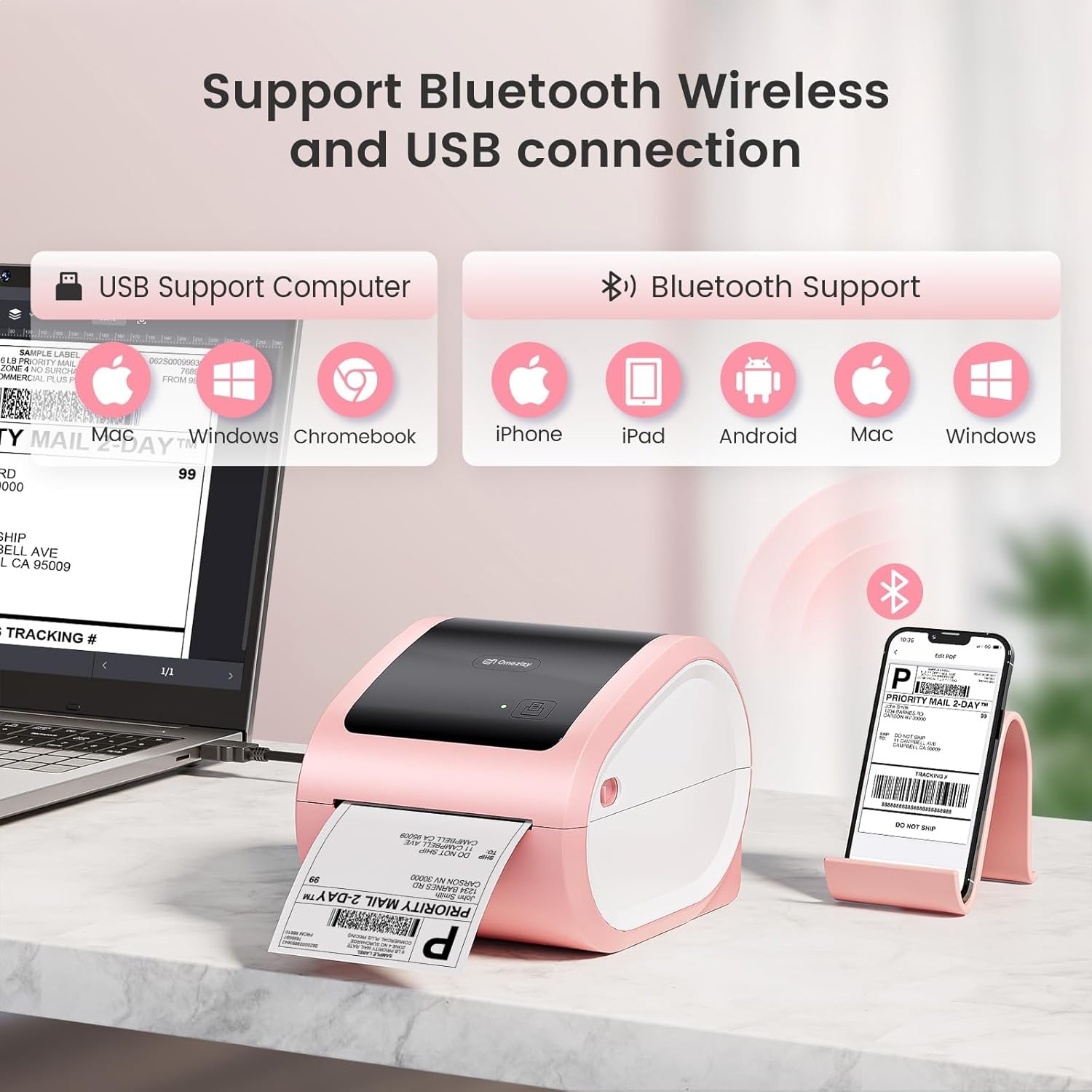 Bluetooth Shipping Label Printer with 1 Roll Labels - D520BT Pink Thermal Label Printer, Thermal Printers with Built-in Label Holder, Come with 500PCS 4x6‬ White Labels (500 Labels/Roll)
