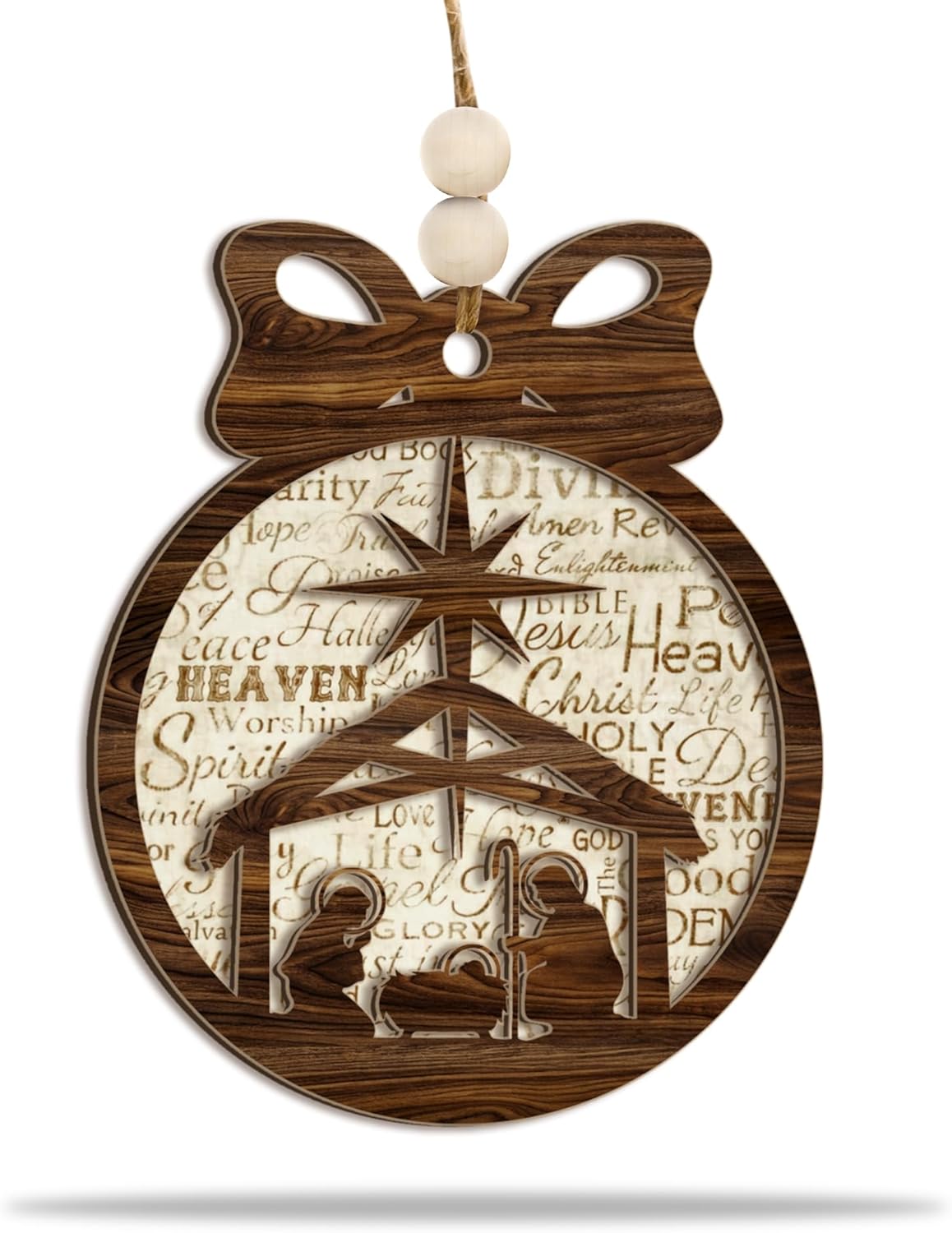 Nativity Scene Ornament 2025 – Rustic Holiday Decoration with Holy Family & Star of Bethlehem – Christian Tree with Faith Word Art Background & Religious Ornament Gift