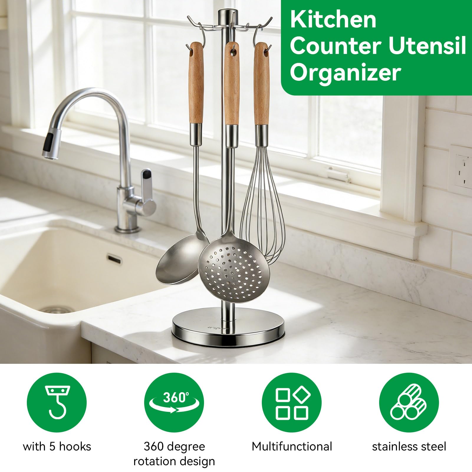 Cyrank Edelstahl-Utensilienhalter-Organizer für Küchentheke, Utensilien-Aufhänger-Ständer, 360 Grad drehbarer Utensilienständer, Pfannenwender, Löffel, Suppenkelle