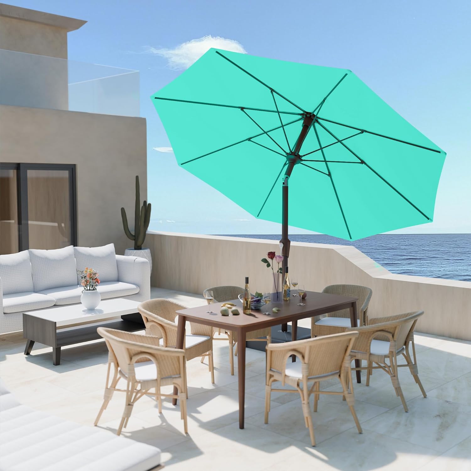 PatioKingdom Auto-Tilt 9FT Patio Umbrella Outdoor with 8 Sturdy Fiberglass Ribs,Market Table Umbrella for Pool,Backyard,Deck and Garden