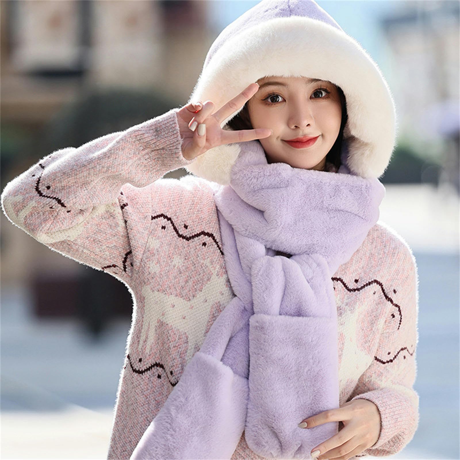 Mütze Schal Set Damen Solide Farbe Hutschal Handschuhe Frauen Dicke Warme Kalte Ohrenschutz Hut DREI In Einem-Upgrade Big Hair Strips Mit Snow Bud Farbe
