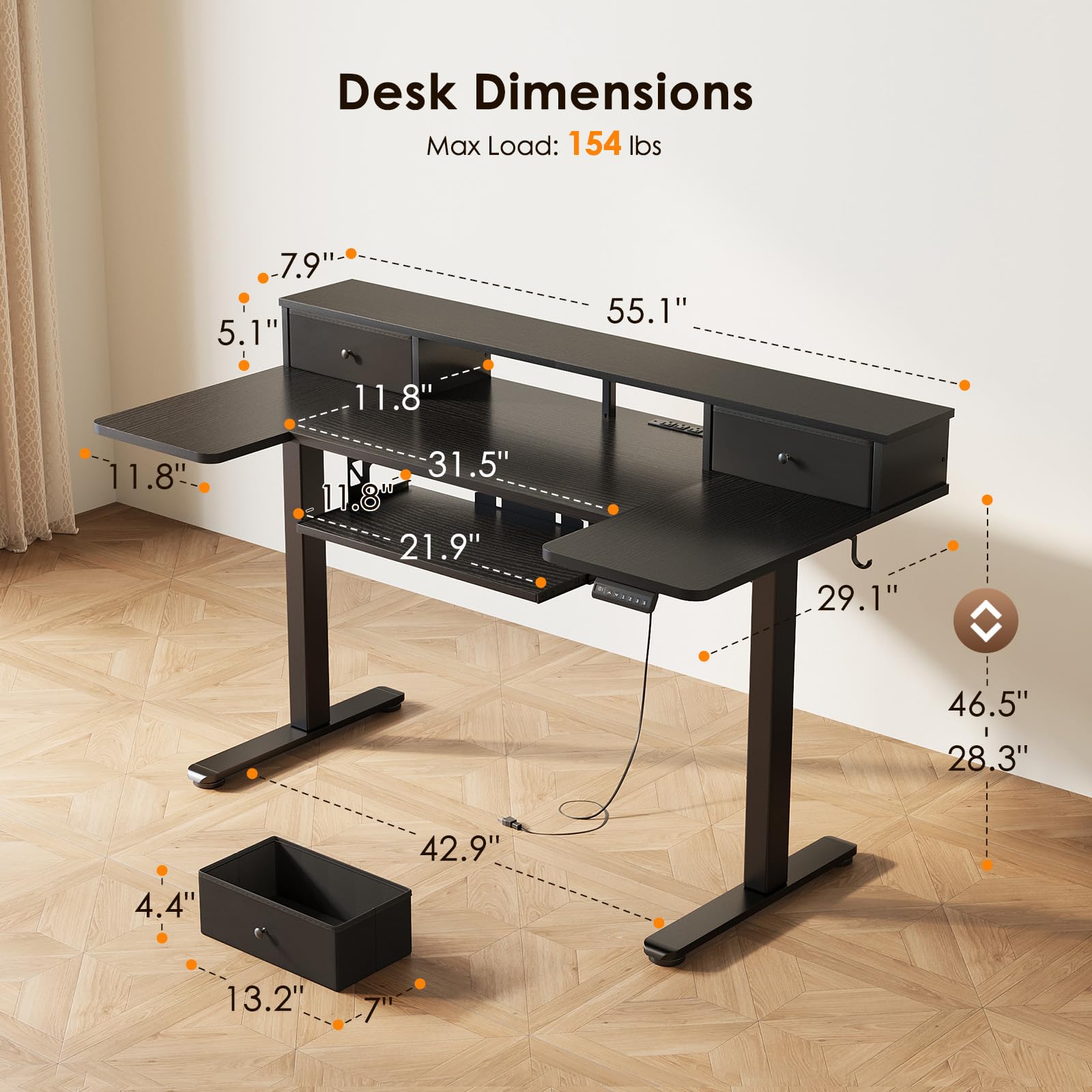 OffiGo U Shaped Electric Standing Desk with Drawers 55 Inch Height Adjustable Desk with Keyboard Tray Ergonomic Monitor — view 3