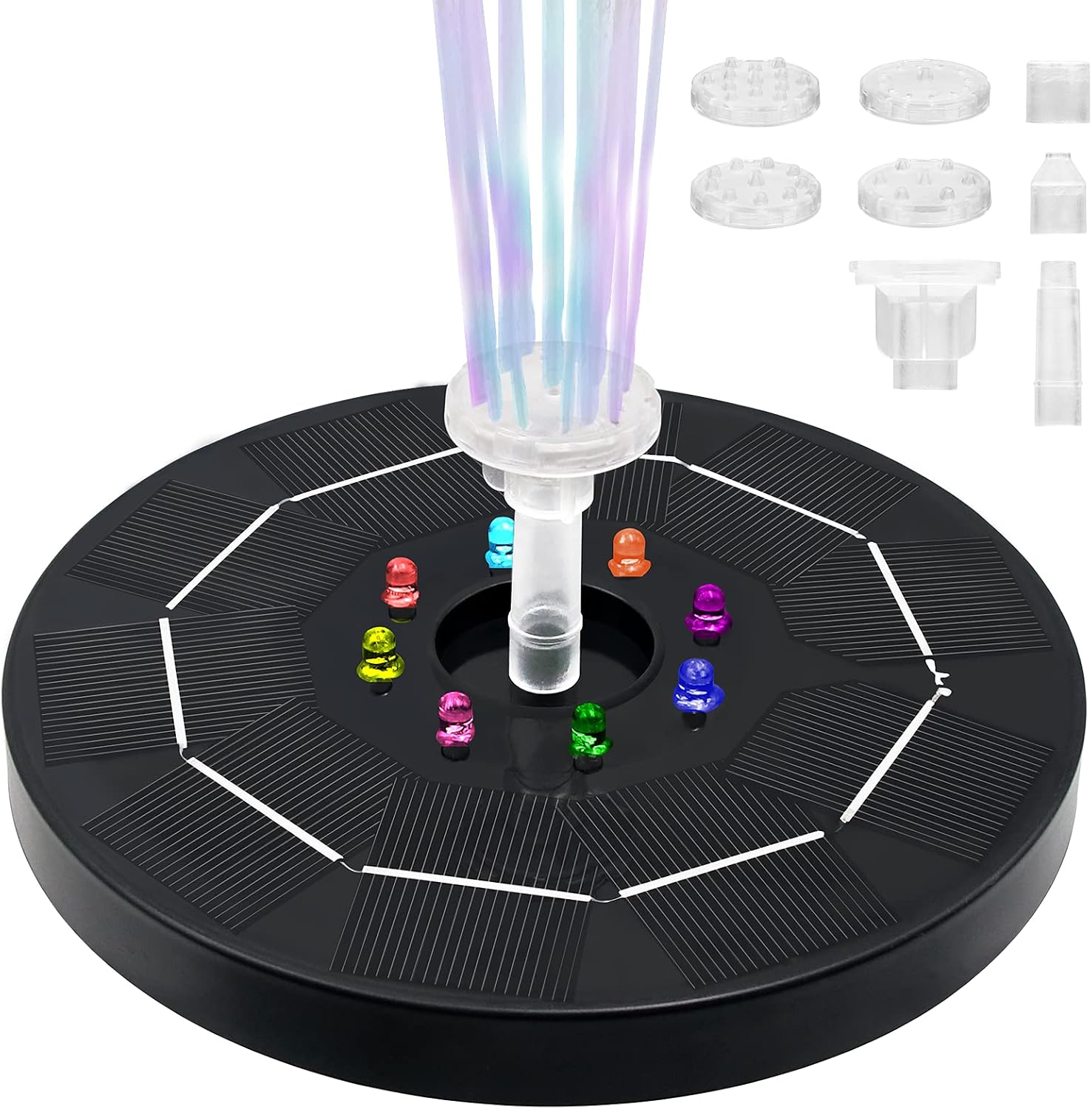 KGK 3W Solar Fountain with LED Lights for Bird Bath, Solar Water Fountain Built-In 1500mAh Battery, Solar Fountain Pump with 6 LED Lights, 6 Nozzles, Solar Powered Fountain for Birdbath, Garden, Pond