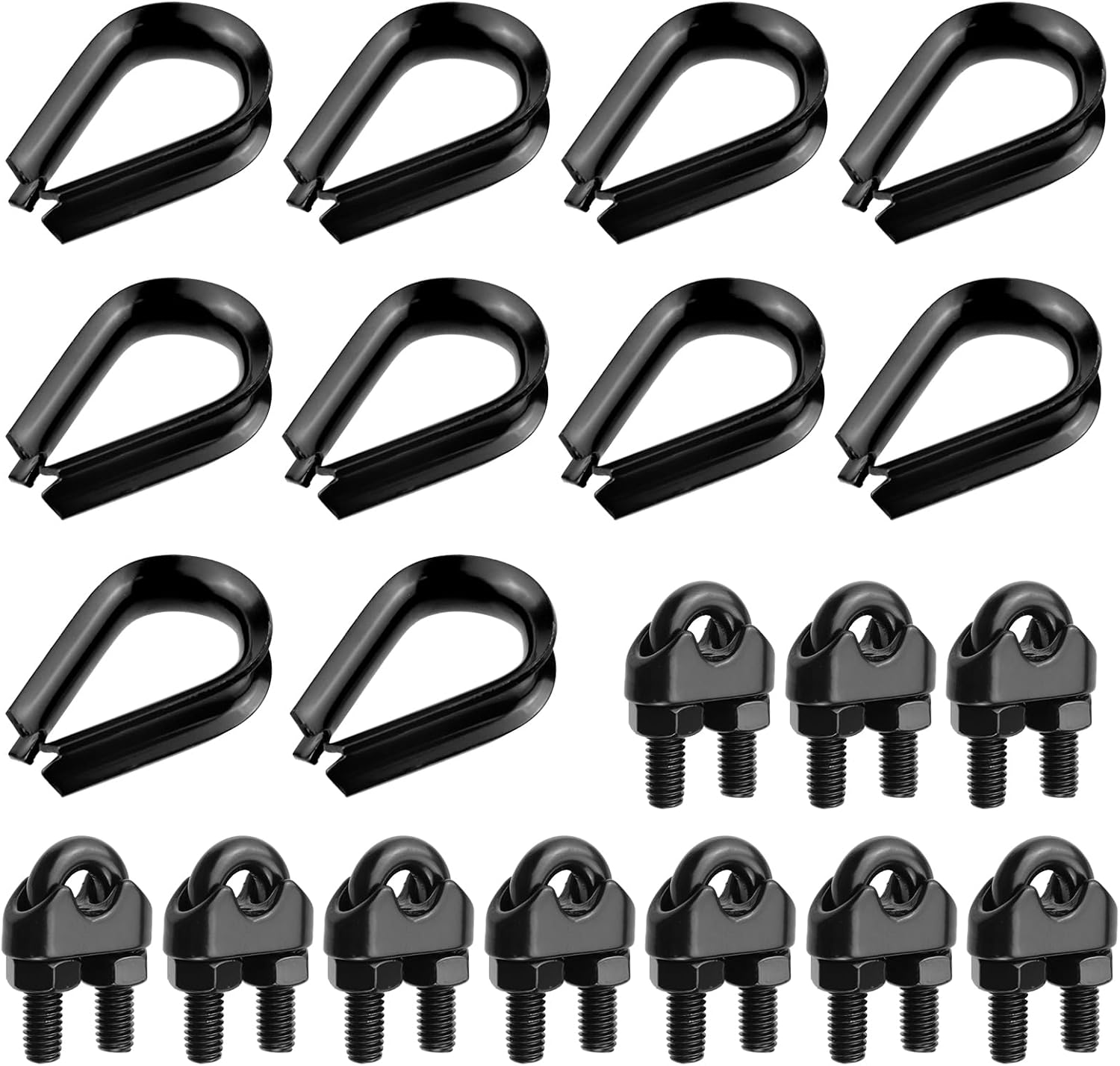 Antrader Wire Rope Clamps Clip and Stainless Steel Thimble for 1/4 Inch Wire Rope Cable Thimbles Rigging,Black(10Pcs+10Pcs)