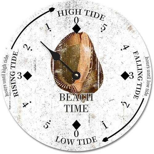 Beach Time Sea Conch Tide Clock Ocean Time Coastal Wood Tidal Clock with High Tide Low Tide Non-Ticking Battery Operated Tide Clock 10" Tide