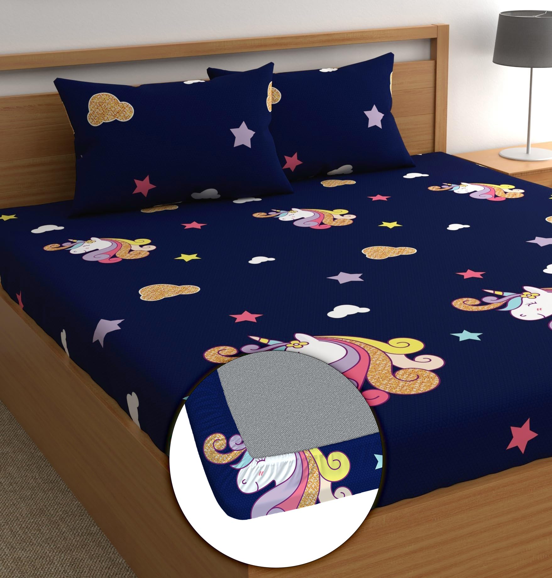 DREAMLET Premium Glace Cotton Elastic Fitted Bedsheets with 2 Full Size Pillow Covers Double Bedsheet with All Around Elastic Supersoft 160TC Size 90×100 inches (Blue Unicorn, Fitted) (B0DCK46VKW) Amazon Price History, Amazon Price Tracker