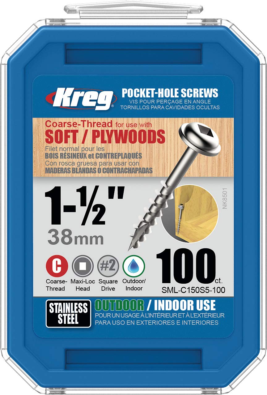 KregSML-C150S5-100 Stainless Steel Pocket Hole Screws, 1-1/2 Inch #8 Coarse Thread, Maxi-Loc Head (100 Count)