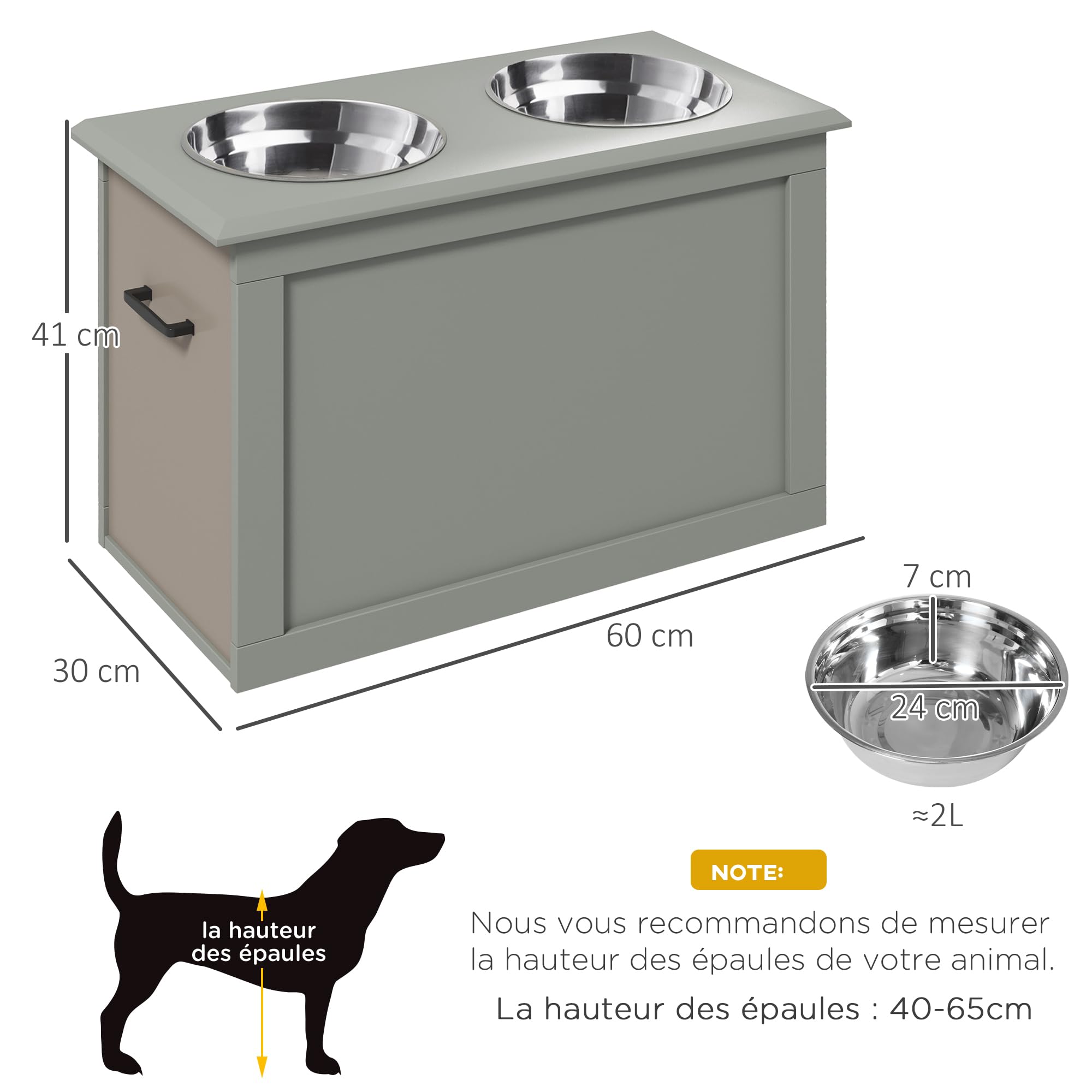 PawHut Gamelles Chiens surélevées gamelle Double Chien Chat Porte-gamelles surélevé dim. 60L x 30l x 41H cm 2 gamelles 2L poignées Coffre Bois Gris | Gamelle Double Chien Chat, Porte-Gamelles Surélevé, 2L, Poignées, Coffre Rangement, Bois