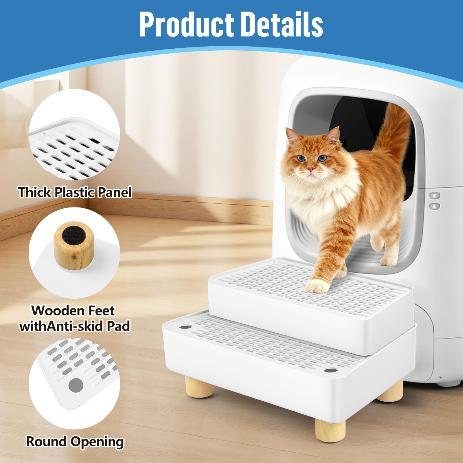 Grande rampa per lettiera a 2 gradini, regolabile con piedini in legno, funzione filtro, scala per animali domestici per gattini e gatti anziani, lettiera automatica per gatti (bianco)