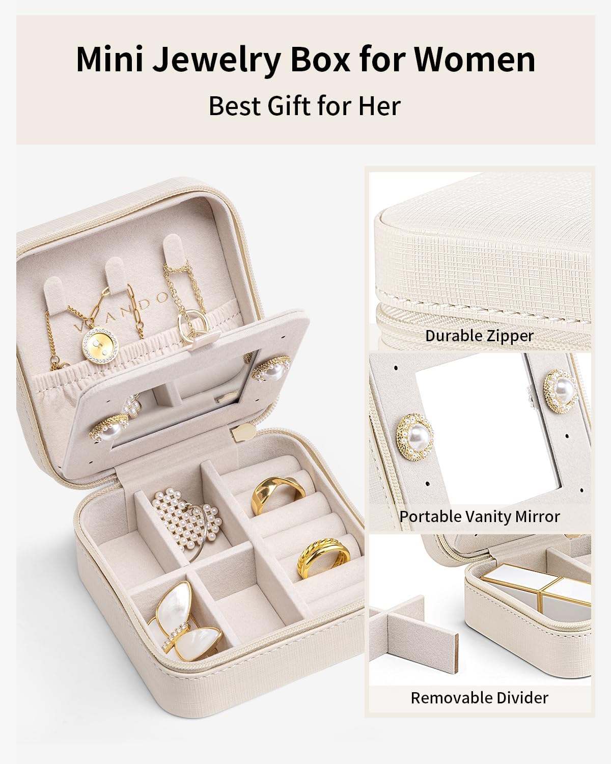 VLANDO Bridesmaid Gifts - Small Travel Jewelry Box Organizer - Wedding Gifts for Girls Women Rings Earrings Necklaces Storage with Mirror - Milky White