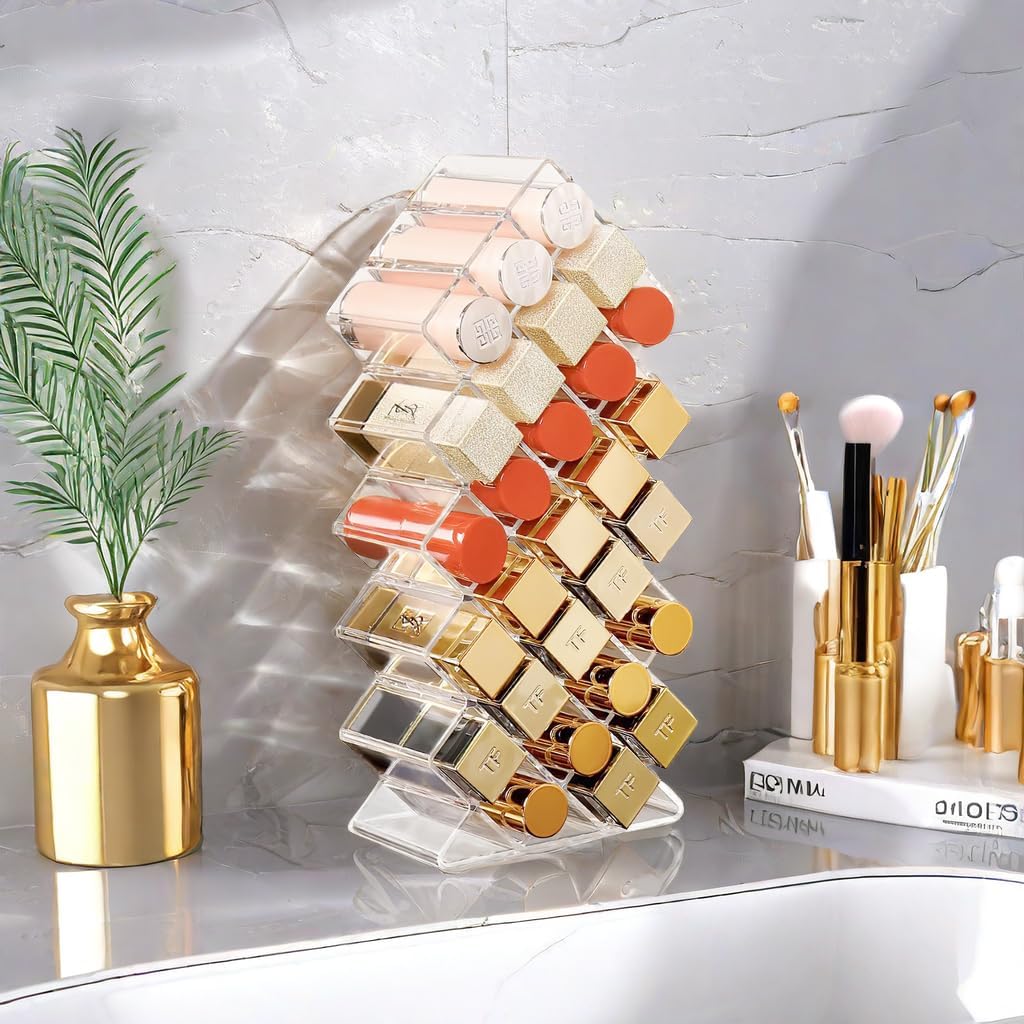 Acrylic Lipstick Holder, Clear Perfume Organier 28 Slots, Lip Gloss Organier, Stackable Fish Shape Lipstick Tower, Display Case for Mini Rollerball Perfume