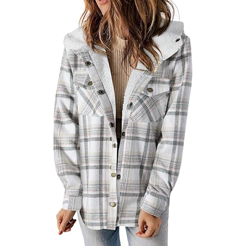 Dokotoo Womens Plaid Shacket Jacket Long Sleeve Button Down Fleece Hooded Jackets Warm Coat