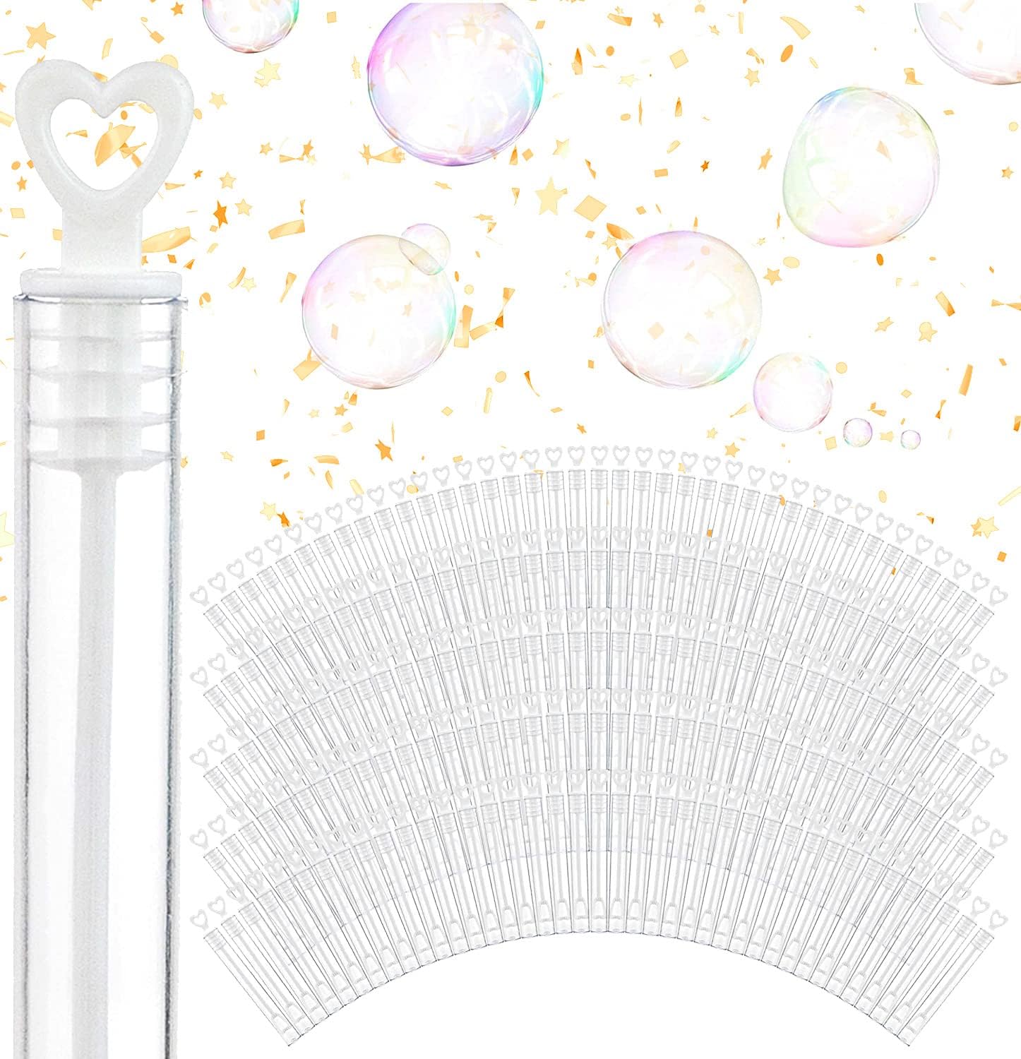 Wedding Bubbles Bulk - White Heart Top Wands (100 Count) Individual Mini Bubble Wand Favors for Weddings, Celebration Party Favor for Guests - Stock Your Home