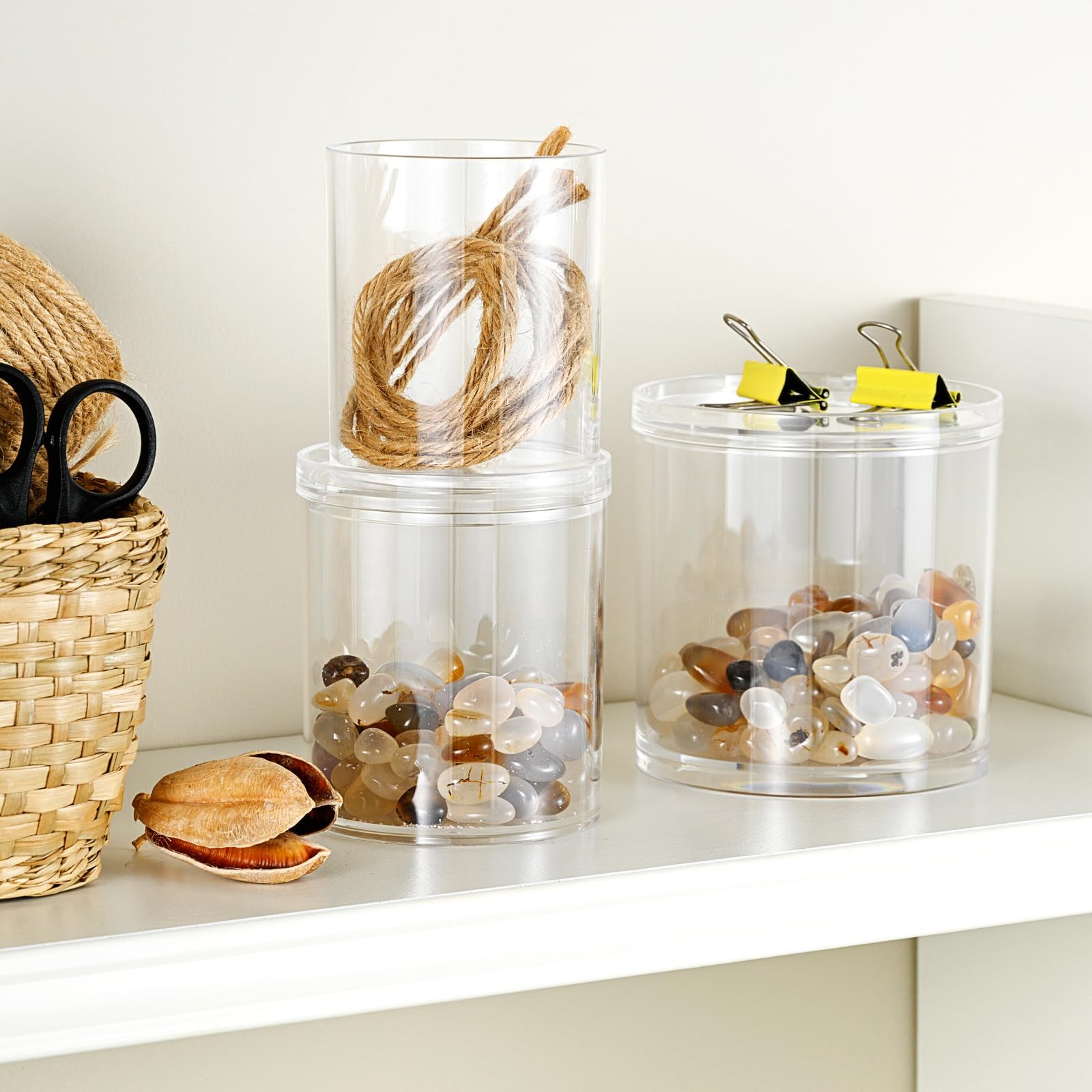 SheeChung 2-Pack Qtip Holder with Storage Lids - Clear Plastic Apothecary Jars for Bathroom Organization - Shatterproof Cotton Swab Dispenser with Labels - 10oz Vanity Counter Organizer