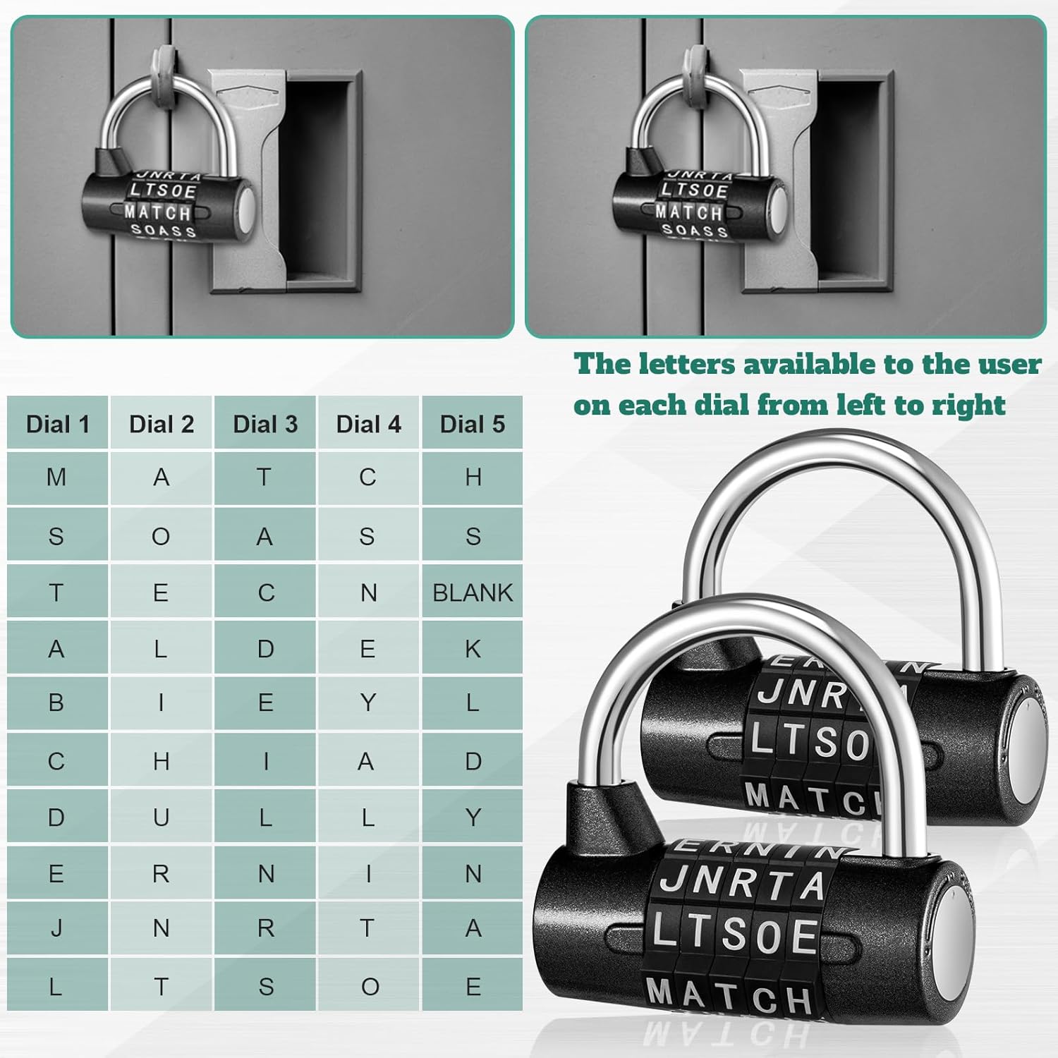 Shimeyao 2 Pcs 5 Letter Combination Lock Metal 5 Digit Lock Heavy Duty Word Gym Locker Keyless Resettable Safety Padlock for School Gym Locker Toolbox Hasp Cabinet (Black)