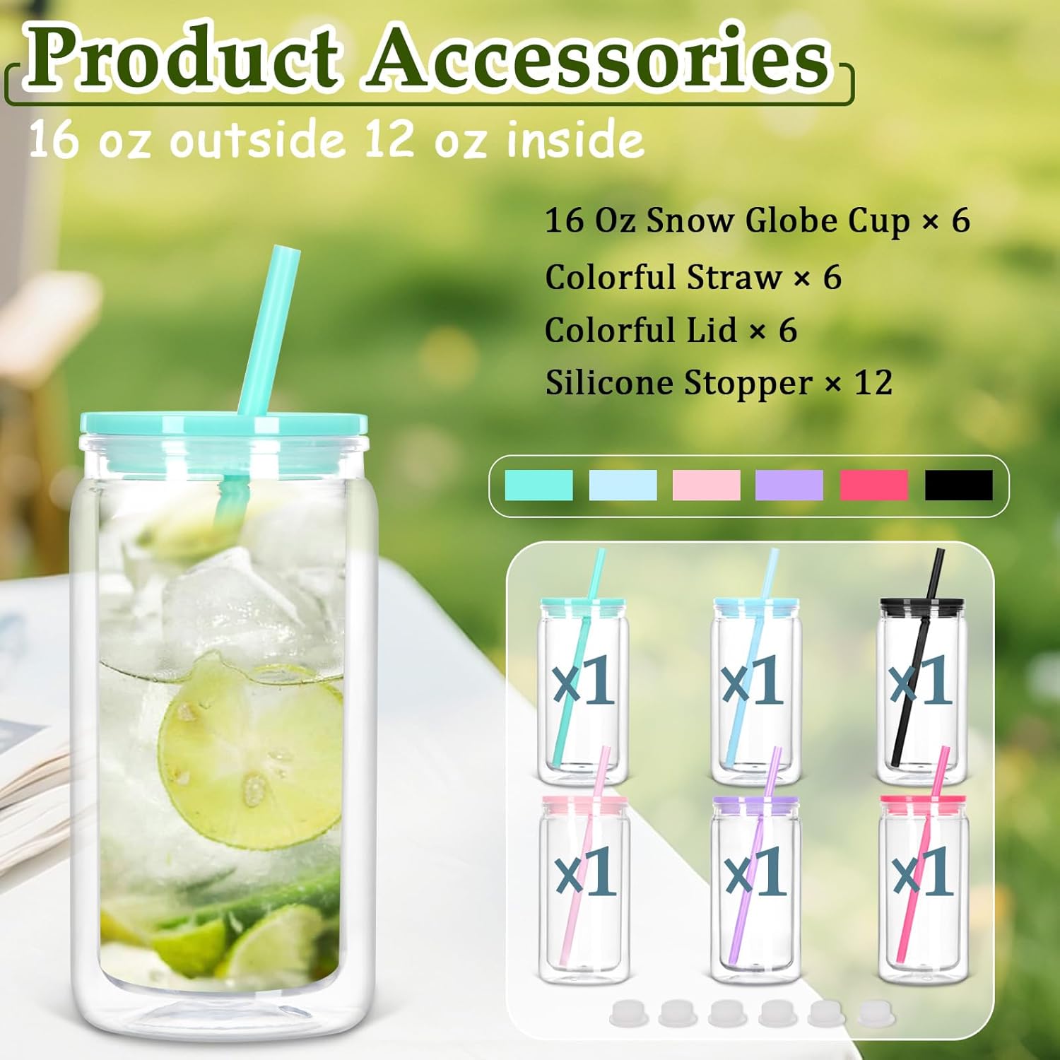 16 Oz Plastic Snow Globe Tumbler with Lid and Straw, 6 Pack Double Wall Pre Drilled Plastic Mason Jar Cups Can for Snow Globe Glitter DIY Gift(Mixed Colors) - Image 6