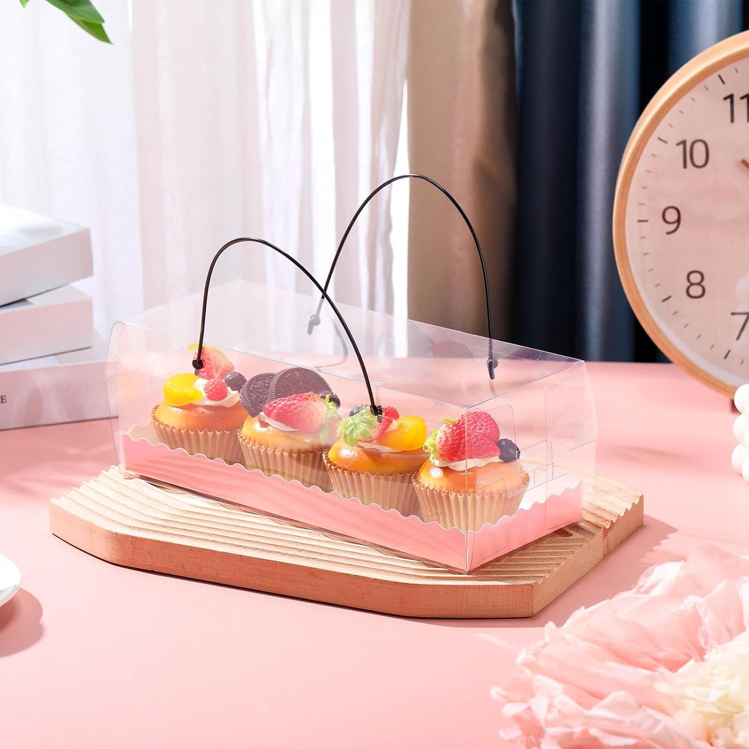 24 Pcs Mother's Day Clear Cupcake Boxes with Handle, 11 x 4 x 4 Inch Pink Plastic Cupcake Container for Pastry Muffin Bakery Dessert Mother's Day Valentines Weedings Party Supplies