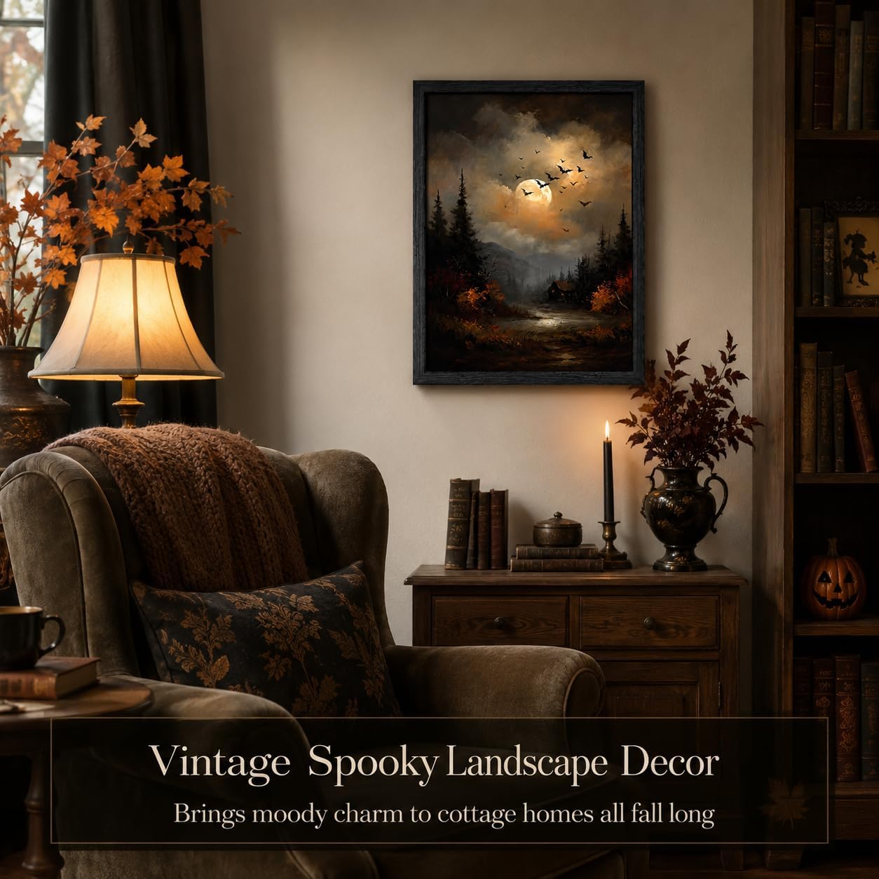 YIJONLFH Witchy Goth Halloween Bat Forest Cabin Canvas Wall Art image 4