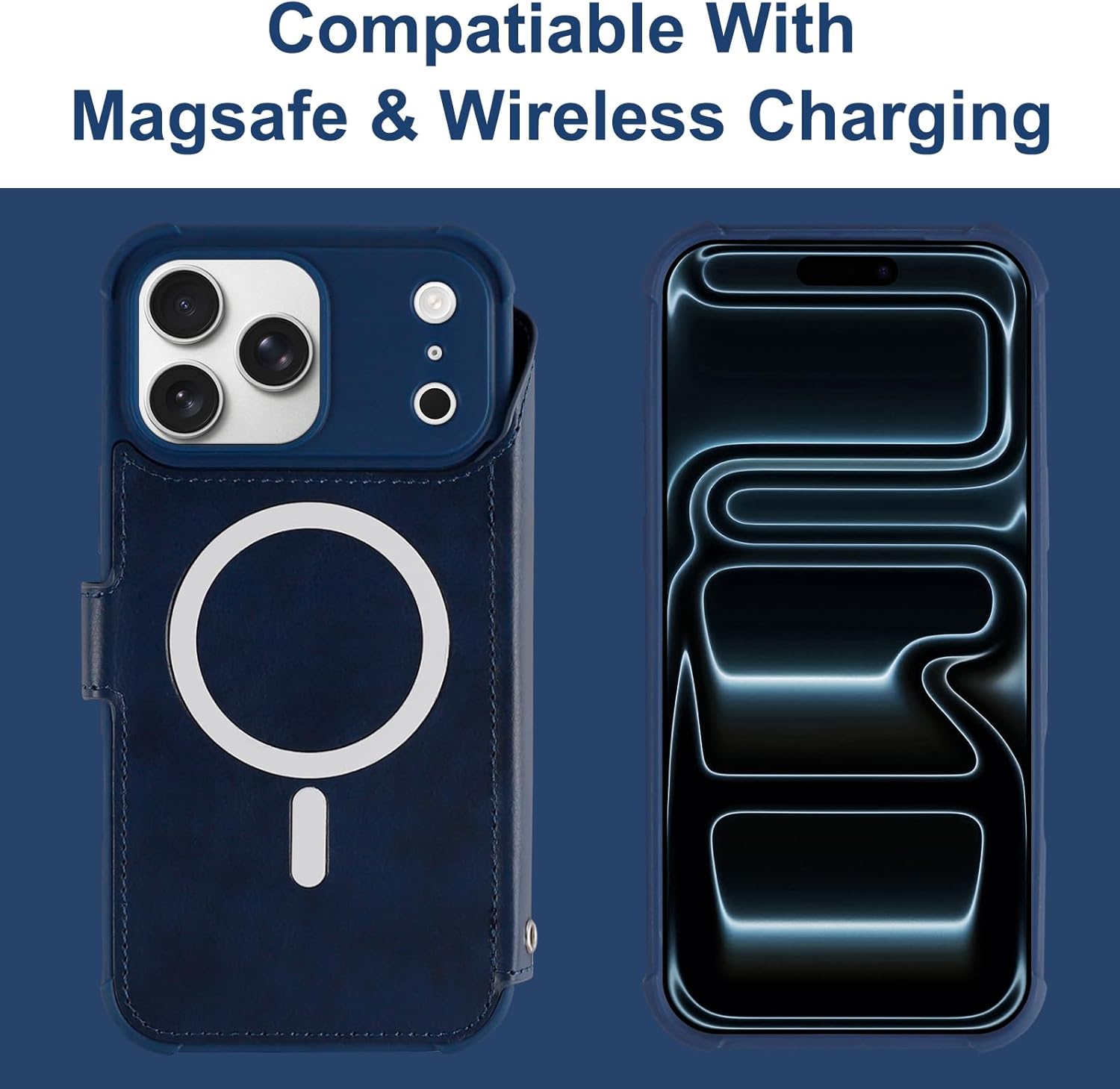VANAVAGY Compatible for iPhone 17 Pro Wallet Case for Magsafe Wireless Charging, PU Leather Flip Folio Shockproof Phone Cover with Wristlet RFID Blocking Card Holder [Screen Protector],Navy Blue