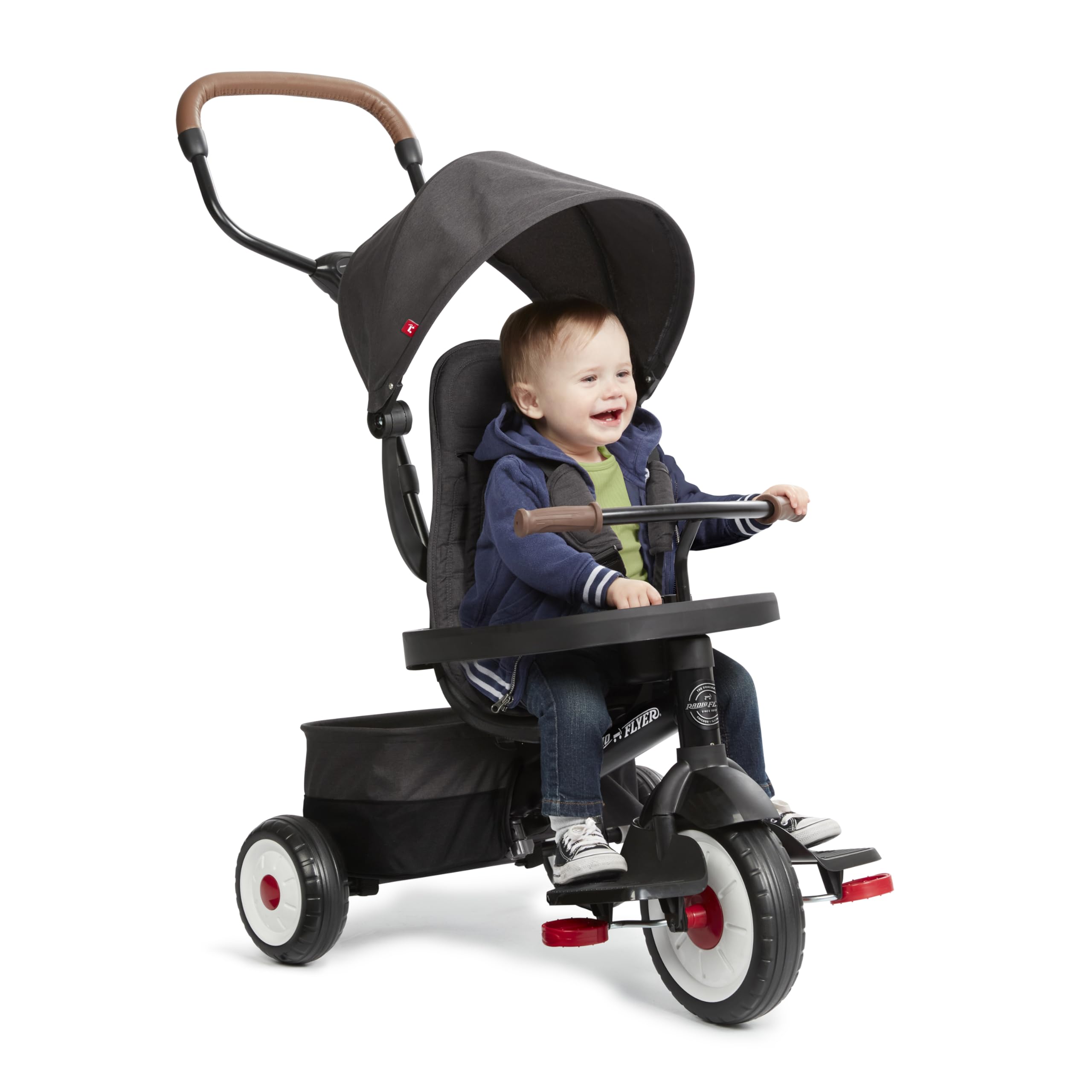 Radio Flyer City 4-in-1 Stroll 'N Trike, Black, for Riders 1-5 Years Old, 4 Riding Modes, 3 Point Harness with Comfort Pad, Parent Controlled Steering, Rear Storage, Stroller Tricycle for Toddlers