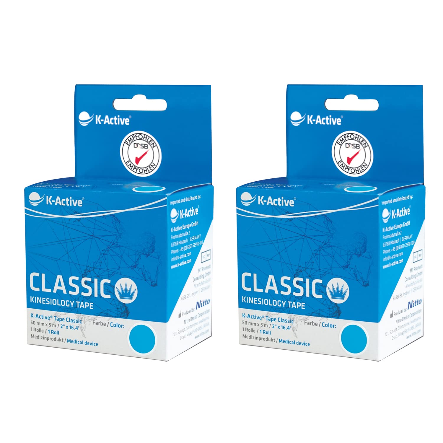 Kinésiologie K-active bande classique BLEUE, résistante à l’eau et hypo-allergéniques, 50 mm x 5 m, 2ème pack