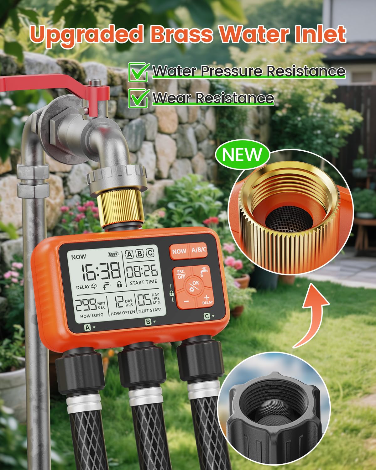 Timer per irrigatore a 3 zone con ingresso in ottone Timer dell'acqua per tubo da giardino Regolatore programmabile del rubinetto del tubo flessibile con controllo della zona indipendente Ritardo