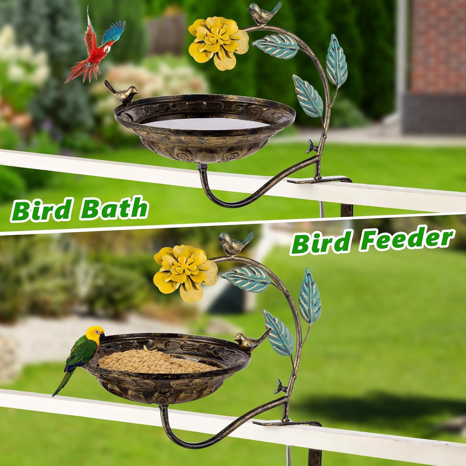 Metal Bird Bath for Outdoors, Deck Mounted Birdbaths with 10 Inch Bowl, Detachable Bird Feeder with Adjustable Clamp for Balcony Railing Garden Yard Decor