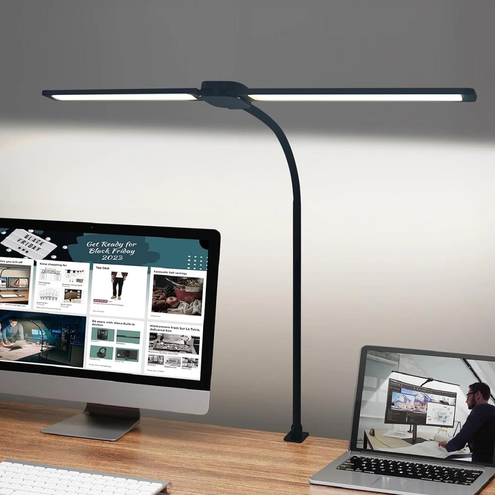 DUAS LED Dual-Head Desk Lamp with Clamp – 160 LED Beads, 10 Brightness Levels, 5 Colour Temperatures, 70cm Gooseneck, Touch Control, Memory & Timer – Reading Light for Office, Craft, Study (Black)