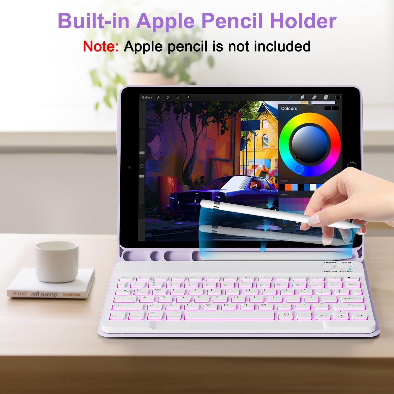 for iPad 9th 8th 7th Generation Case with Keyboard 10.2" - 7 Color Backlit Wireless Detachable Folio Keyboard Cover with Pencil Holder, Compatible with iPad Pro 10.5”/Air 3rd Gen (Purple)