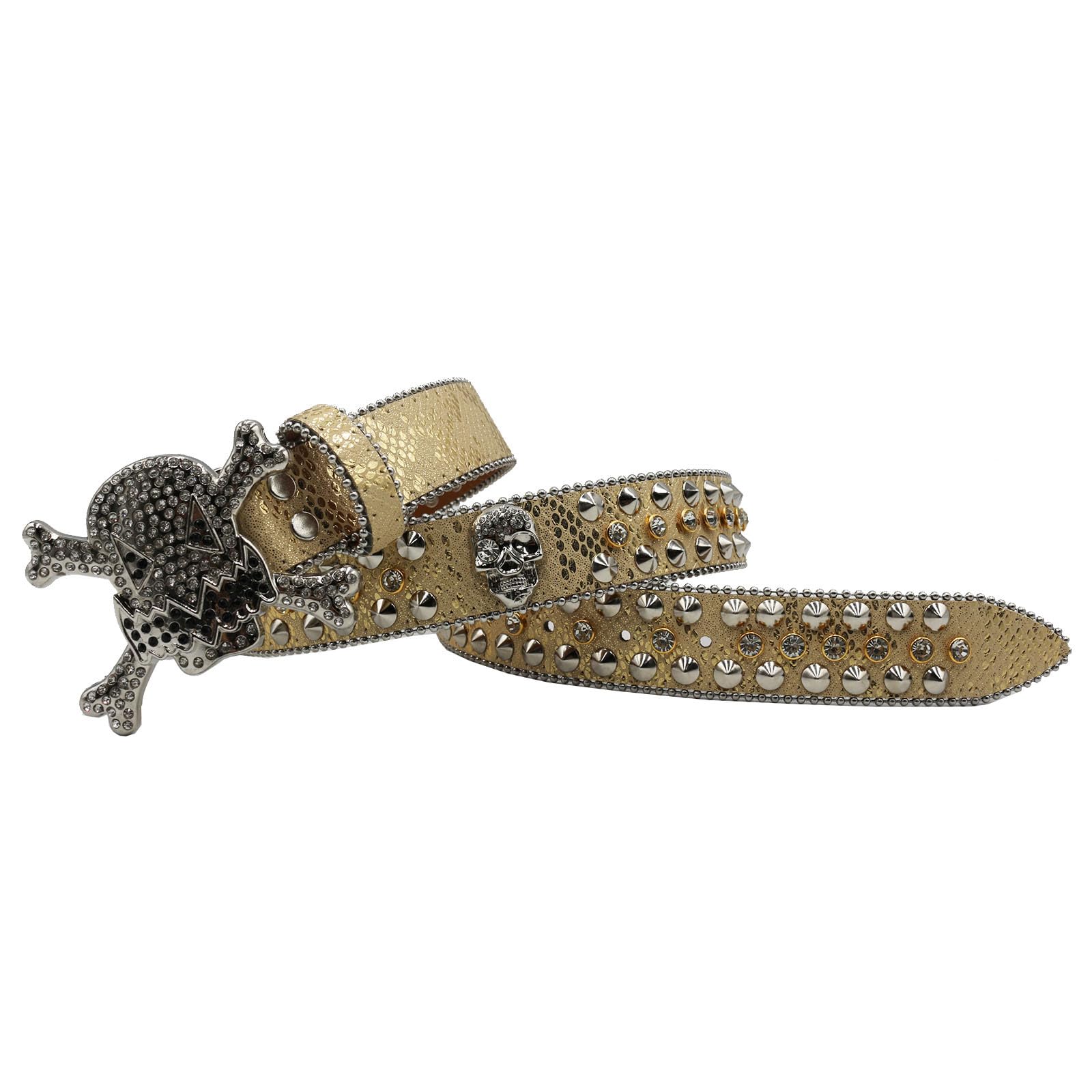 Cinturón con Calavera Cruzada Y Diamantes De Imitación para Mujer Moda De Vanguardia Cinturones De Cuero con Tachuelas Accesorio para Un Look Llamativo(125cm/49, Gold)