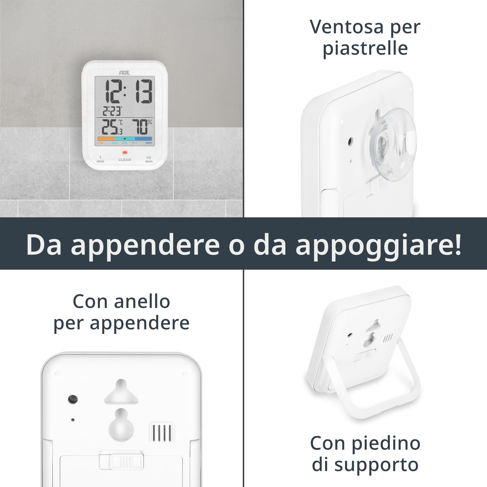 Orologio Da Parete Agatige Per Esterni, Impermeabile, Con Termometro E Igrometro, Diametro 10 Cm, Ventosa In Silicone, Bianco - 2