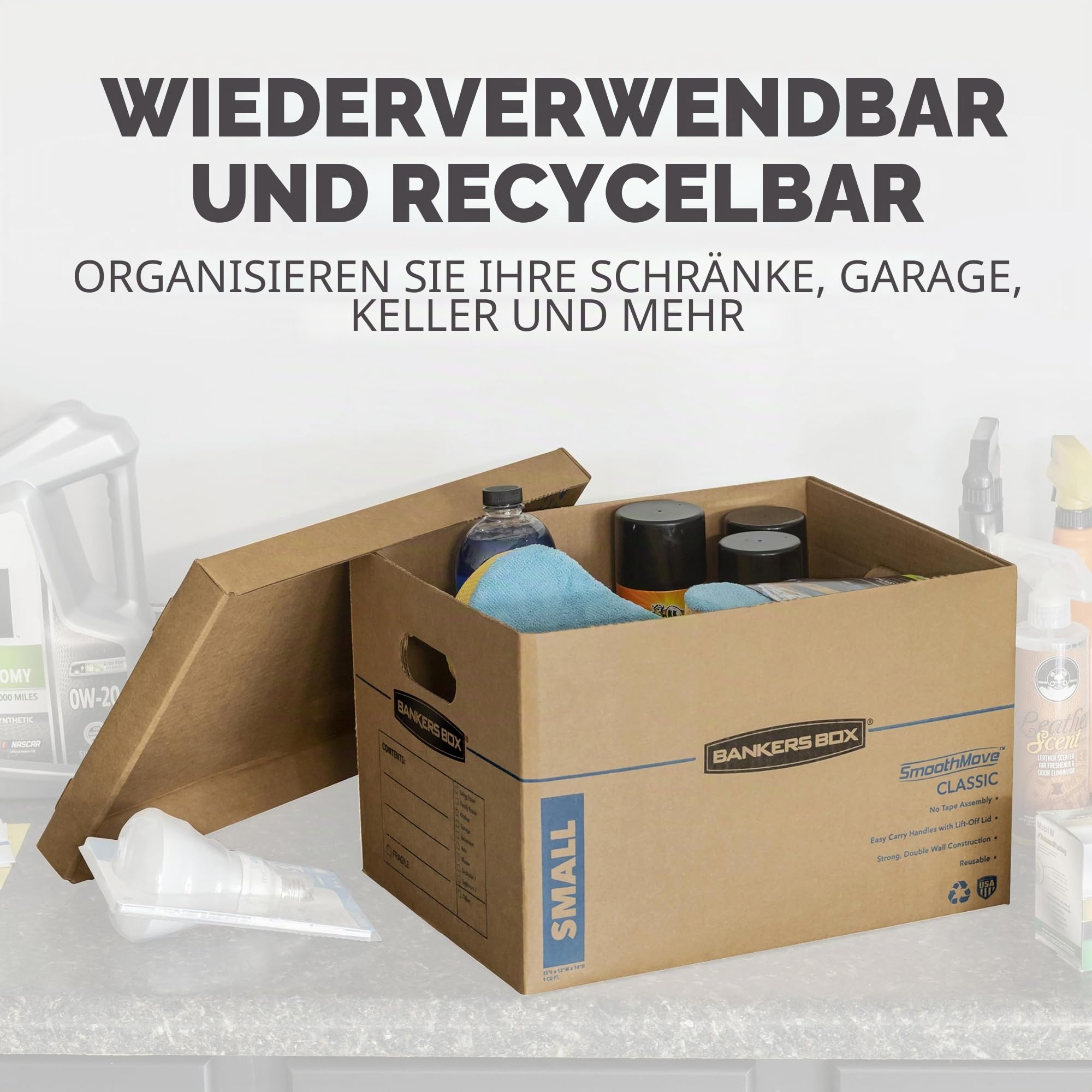 BANKERS BOX Classic 7716401 Umzugskarton, verstärkte Griffe, bandfreie Montage, Karton mit Deckel, 8 kleine und 4 mittelgroße Kartons, 12 Stück