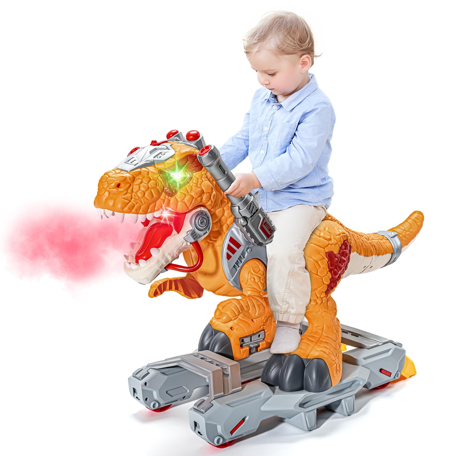 Kids Electric Dinosaur Ride On Toys, Toddler Ride On Cars with Music, Light & Smoke, Preschool Kids Scooter Foot-to-Floor Walker, Electric Toddler Car Toys Indoor and Outdoor（Yellow）
