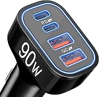 TIBEITA 90W 4-Port USB C Car Charger Dual 45W PD QC Fast Charging Adapter for iPhone 17/16/15, Galaxy S25/S24, Tablets, Android
