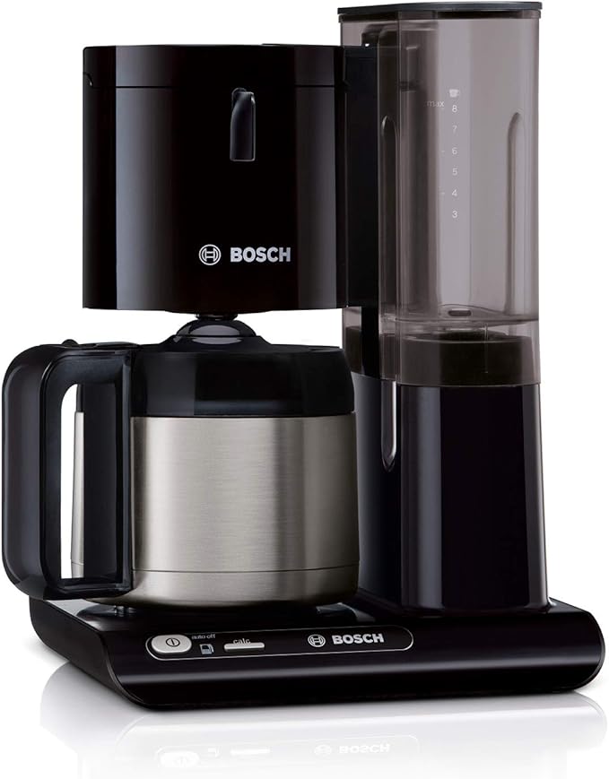 Bosch Filterkaffeemaschine Styline TKA8A053, Aroma Sensor, Edelstahl-Thermokanne 1,1 L, für 8-12 Tassen, Abschaltautomatik, Entkalkungssystem, Tropfstopp, abnehmbarer Wassertank (1 L), 1100 W, schwarz