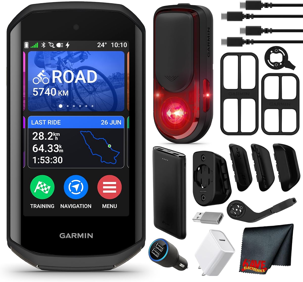 Garmin Varia RearVue 820 Bike Radar Tail Light Bundle with Mount Charging Cable and Safety Accessories for Rear-View Vehicle Detection and Daytime Visibility + Edge 1050 Premium Cycling Computer