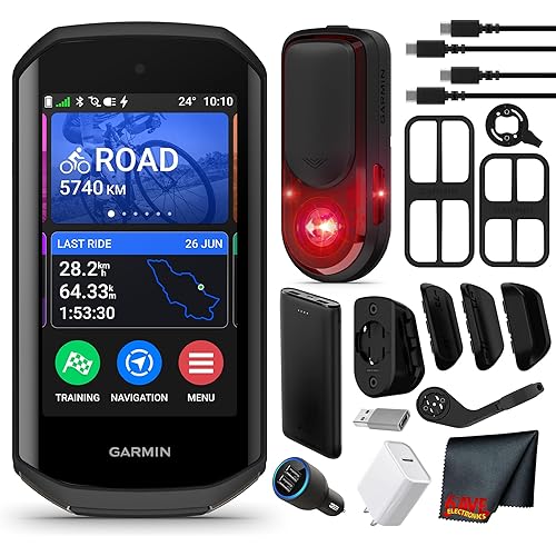 Garmin Varia RearVue 820 Bike Radar Tail Light Bundle with Mount Charging Cable and Safety Accessories for Rear-View Vehicle Detection and Daytime Visibility + Edge 1050 Premium Cycling Computer
