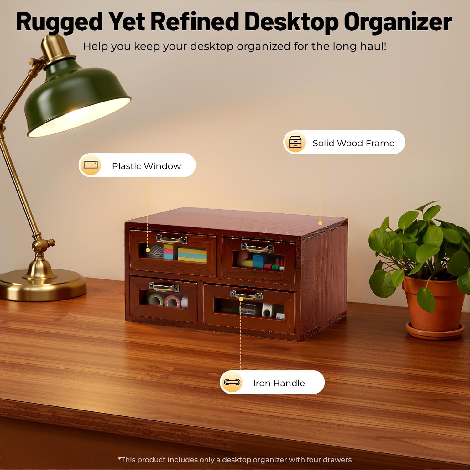 Desk Organizer with 4 Drawers, Wooden Apothecary Cabinet Desktop Storage Cabinet File Holder, Makeup Organizer Filing Case for Office Bedroom Home, L11.8*W7*H6in