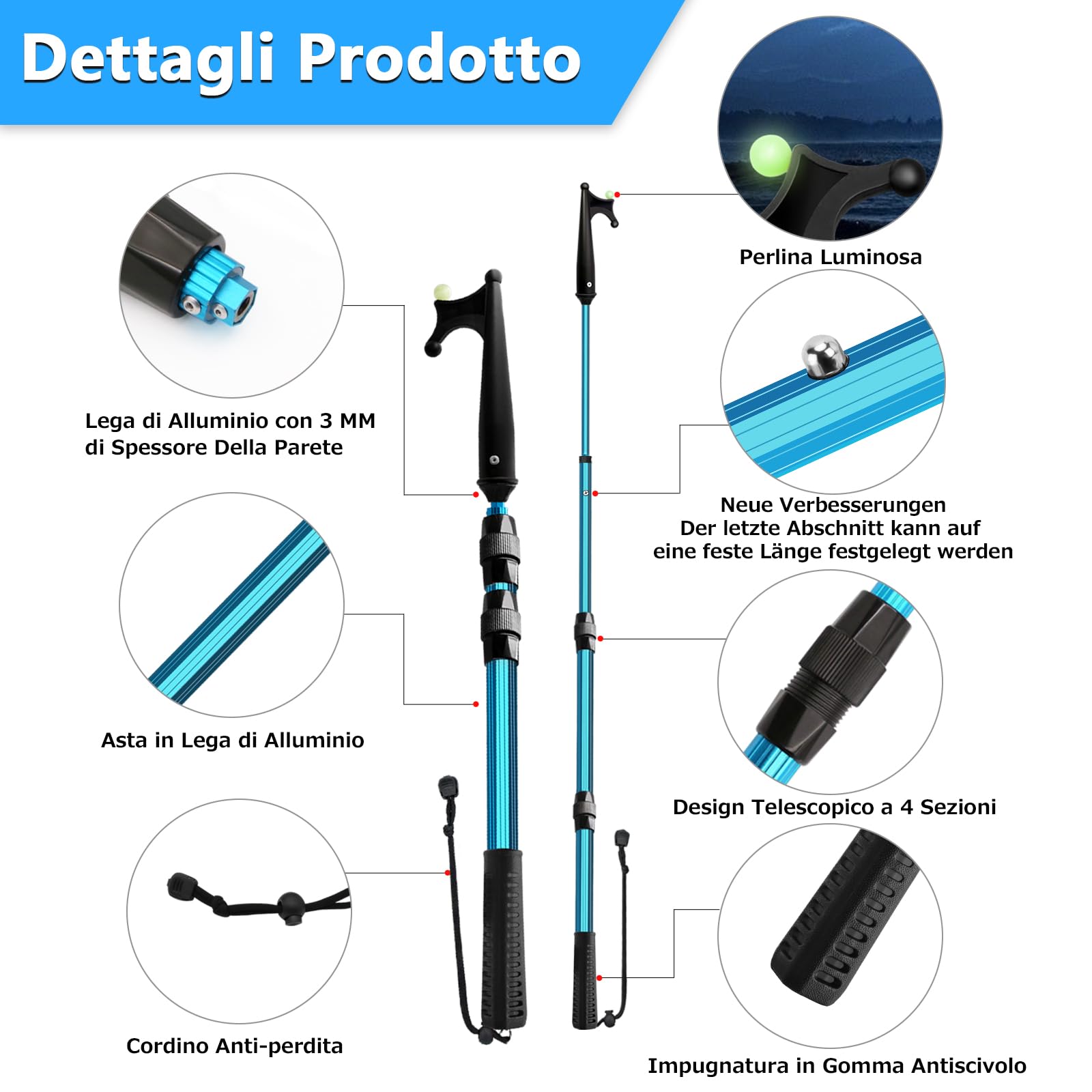 KOMCLUB Gancio telescopico per barche in alluminio leggero con spinta pole multiuso allungabile, impugnatura in gomma antiscivolo con perline luminose, gancio in plastica e cordino per docking e