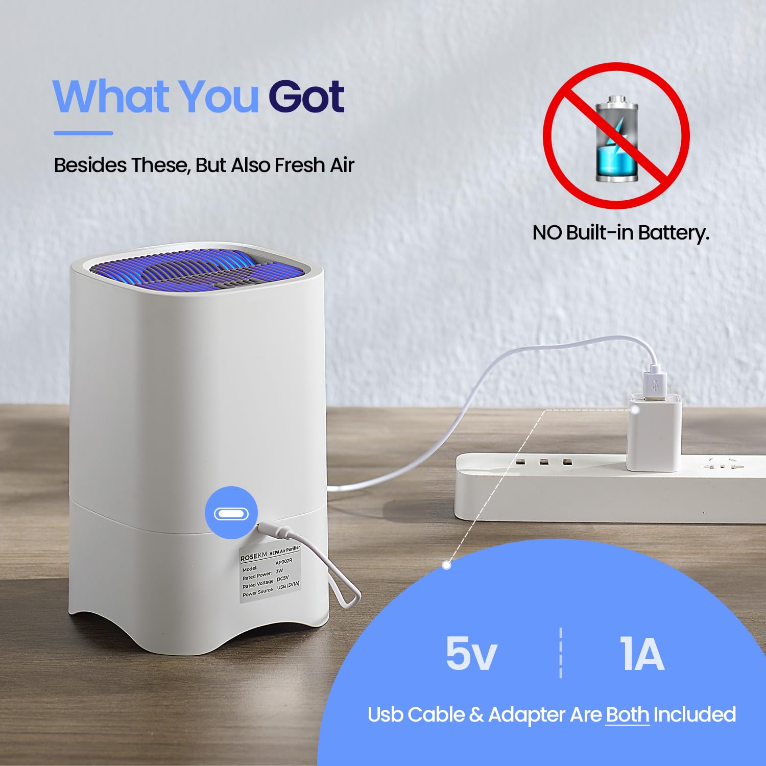 Piccoli purificatori d'aria per casa, mini purificatore d'aria per scrivania, camera da letto, ufficio, auto, stanza, purificatore d'aria HEPA portatile per fumo, polvere con luce notturna