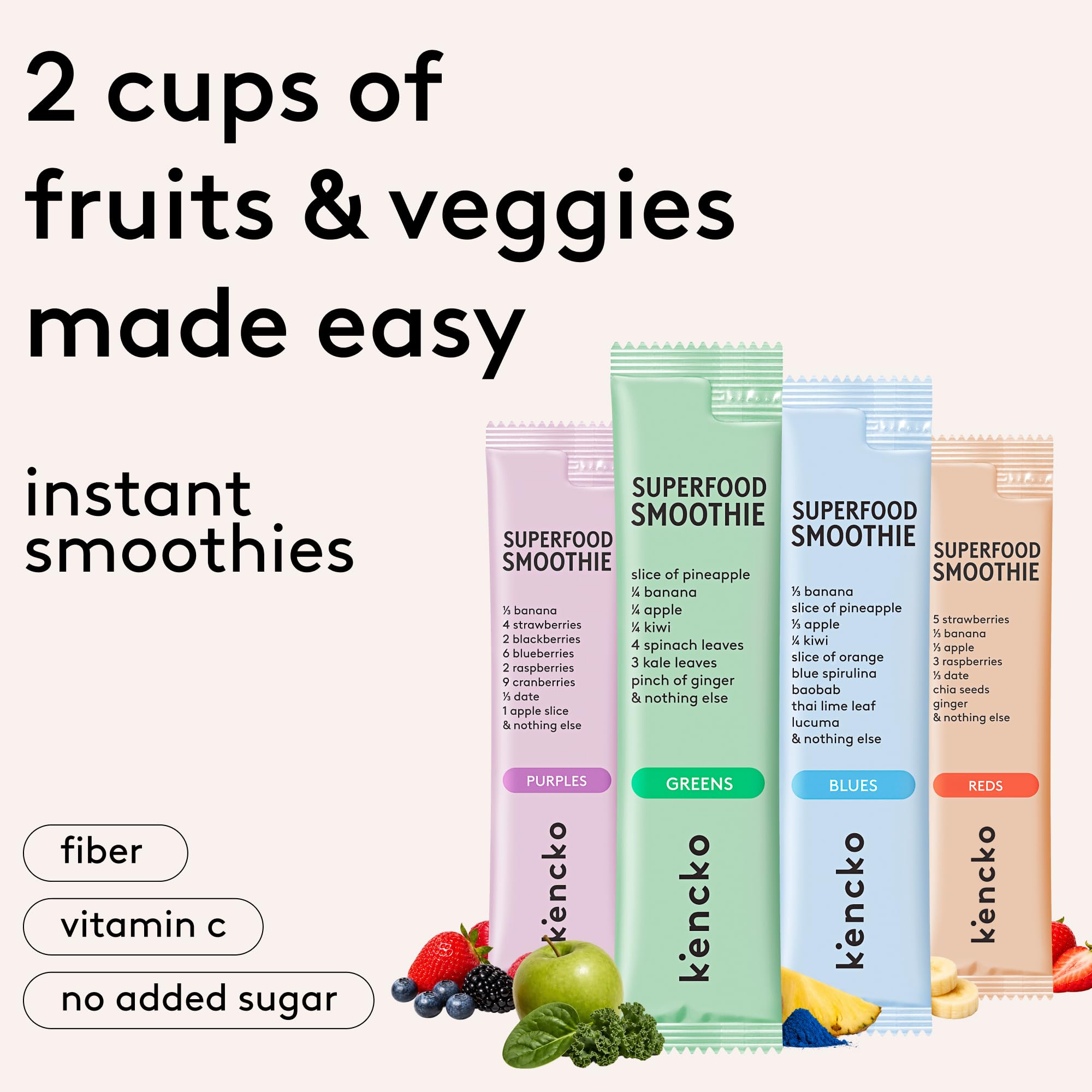Kencko kit smoothie instantané en poudre | mélange superfood fruits & légumes lyophilisés | boisson vegan, sans produits laitiers, sans sucre ajouté | 16 sachets, 4 saveurs