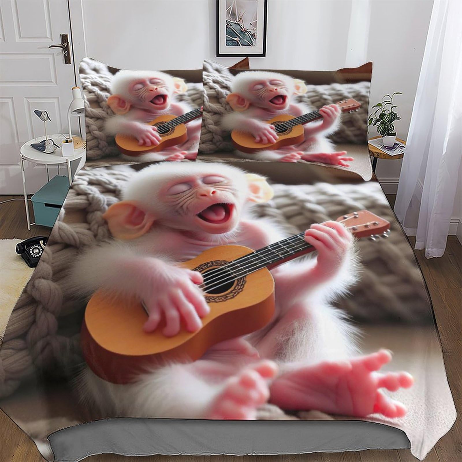 Housse de couette singe mignon 220x240 cm avec taies en microfibre pour lit double enfant et adulte